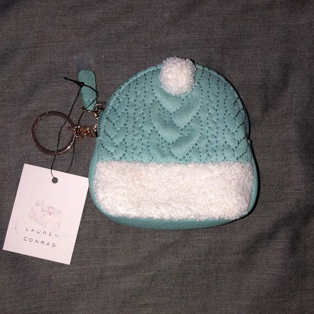 🥧 LC Lauren Conrad Mint Quilted Pom-Pom Coin Purse Keyring